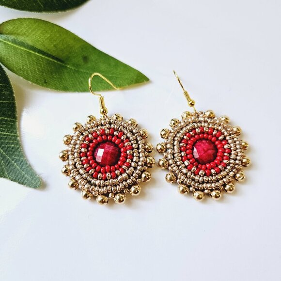 2/$27 | Gold + Red Shield Beaded Indigenous Hoop Earrings | Handmade - Picture 5 of 5